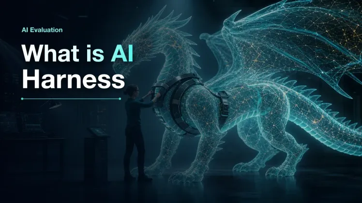 What is AI Harness cover with a glowing digital AI creature being fitted with a testing harness